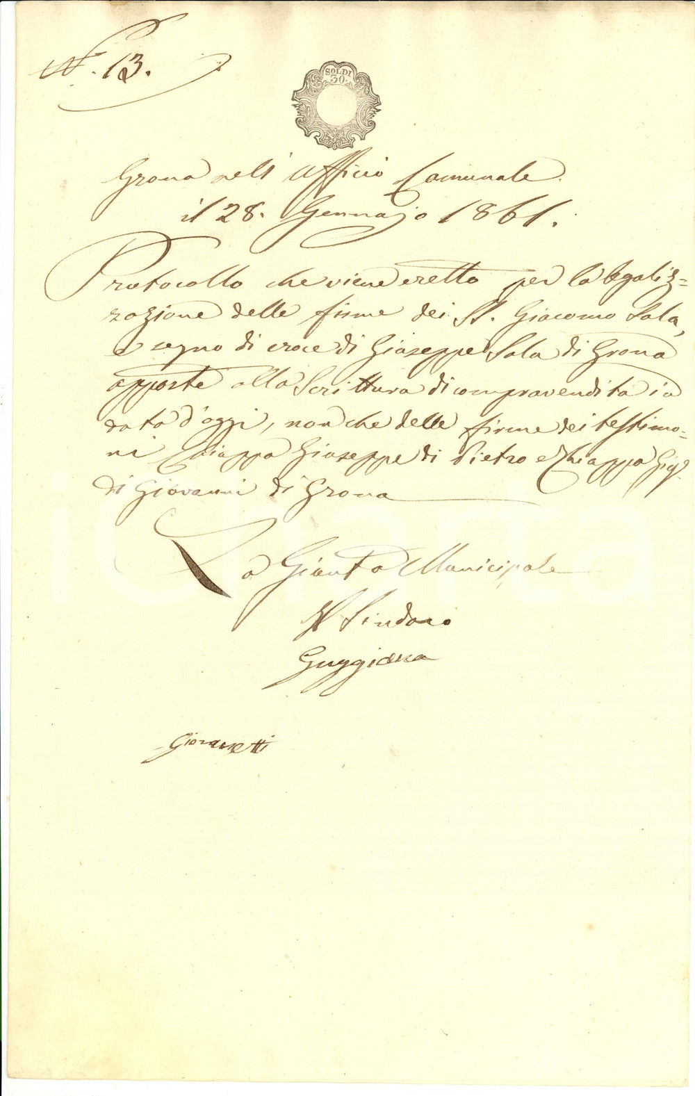 Documento originale, autentico 1861 GRONA (CO) Legalizzazione firma di Giacomo SALA 1