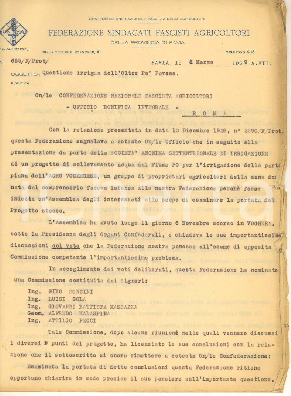 Documento originale, autentico 1929 FISA PAVIA Contro i progetti PASINI e BRUGNATELLI irrigazione OLTREPO' 1