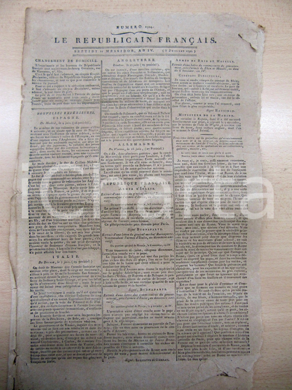 Giornale, rivista storica 1796 LE REPUBLICAIN FRANCAIS Gazette REVOLUTION N° 1304 Armée d'Italie 1