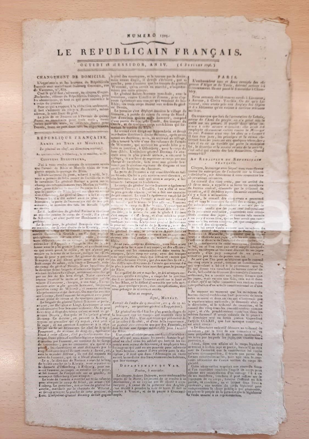 Giornale, rivista storica 1796 LE REPUBLICAIN FRANCAIS Gazette REVOLUTION N° 1305 Armée du Rhin et Moselle 1