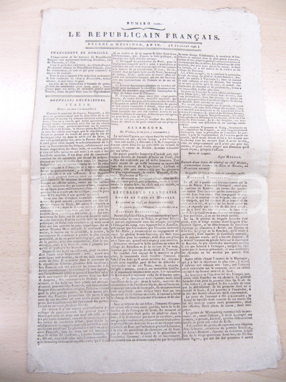 Giornale, rivista storica 1796 LE REPUBLICAIN FRANCAIS Gazette N° 1307 Genova vs Regno di Sardegna 1