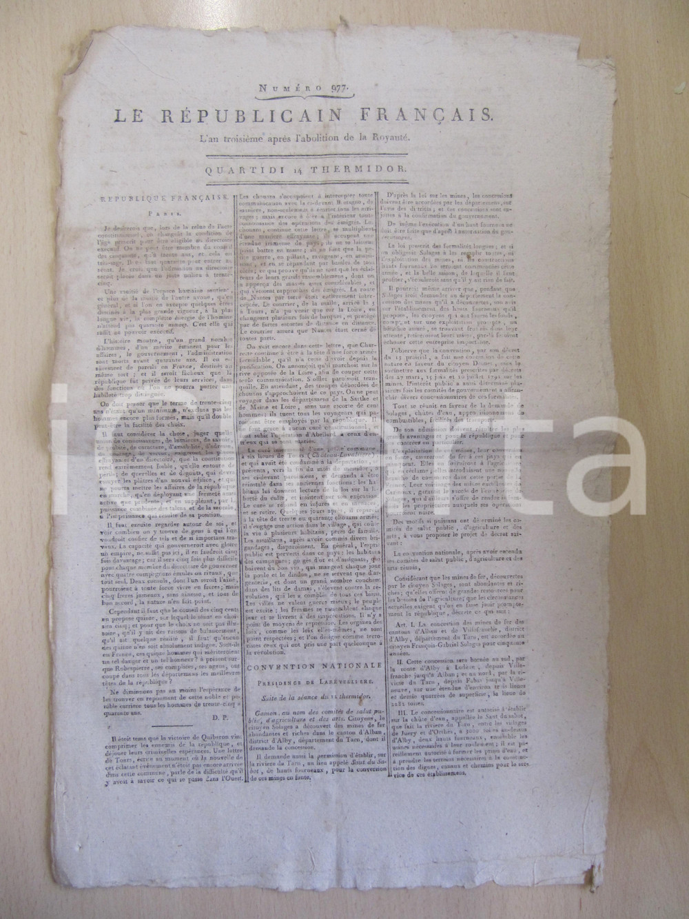 Giornale, rivista storica 1795 LE REPUBLICAIN FRANCAIS Gazette N° 977 Mines de fer ALBAN *Danneggiata 1