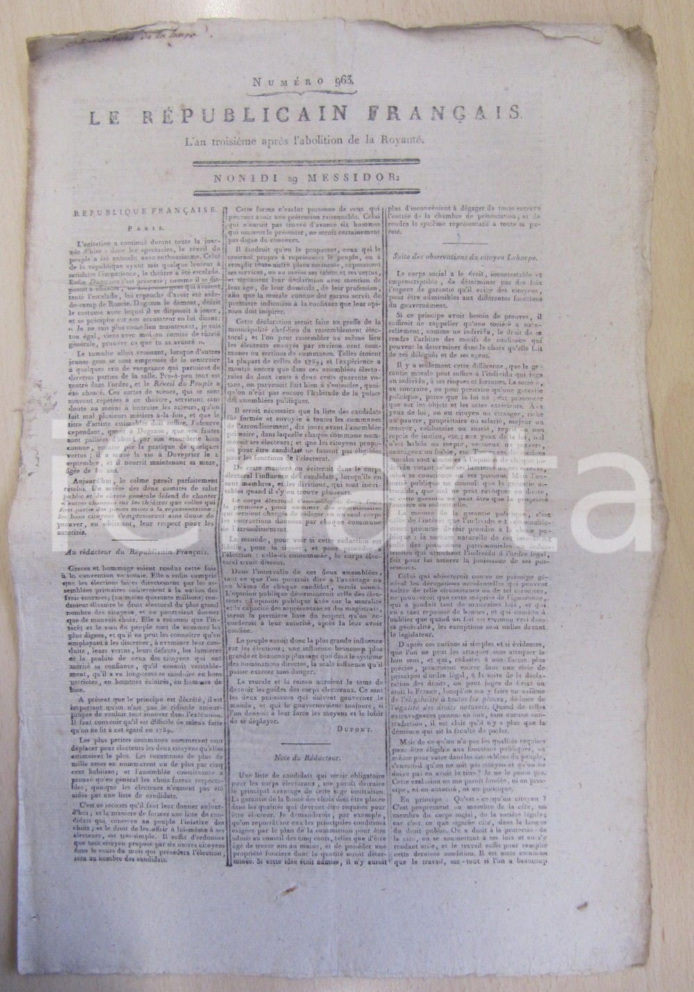 Giornale, rivista storica 1795 LE REPUBLICAIN FRANCAIS Gazette REVOLUTION N° 963 Governo ai migliori 1