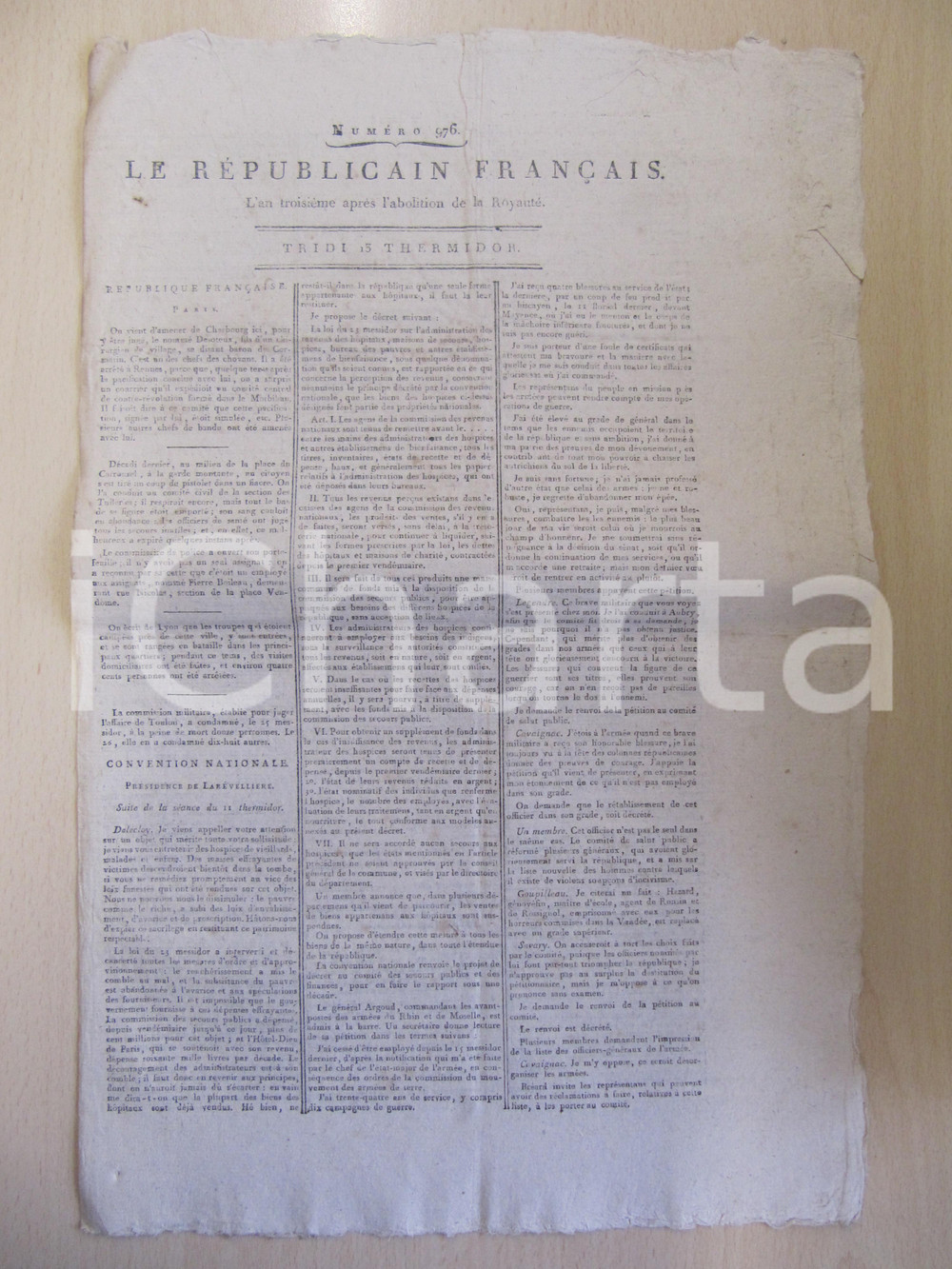 Giornale, rivista storica 1795 LE REPUBLICAIN FRANCAIS Gazette REVOLUTION N° 976 Ospices pour malades 1