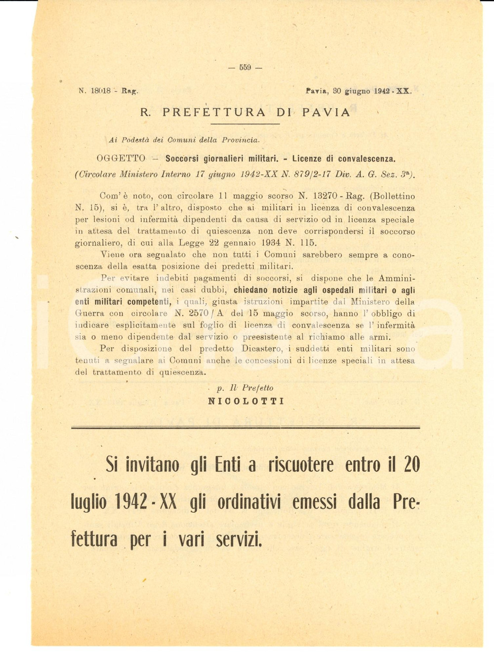 Documento originale, autentico 1942 PAVIA WW2 Licenze ai militari in convalescenza *Circolare 1