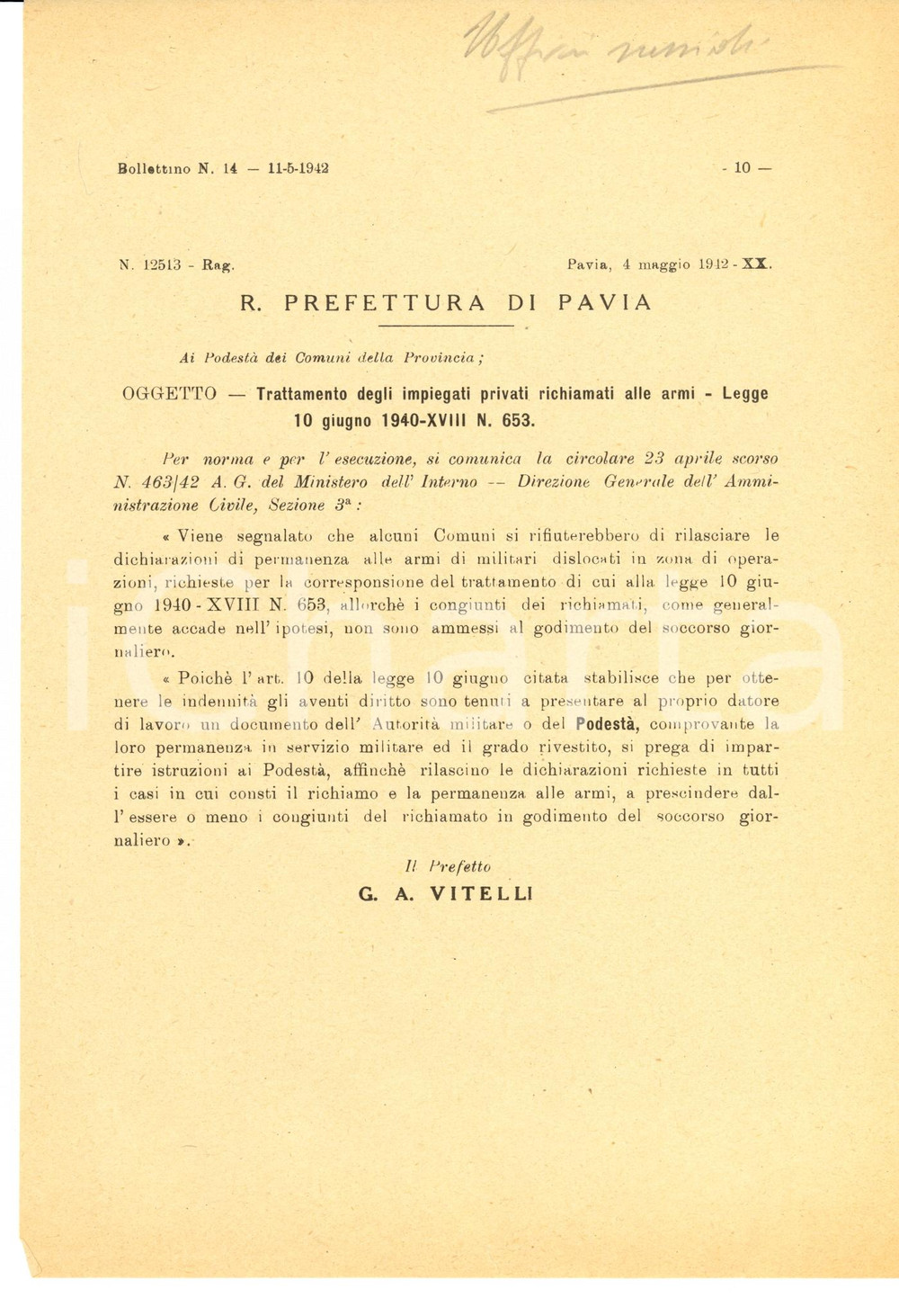 Documento originale, autentico 1942 PAVIA WW2 Impiegati privati richiamati alle armi *Circolare 1