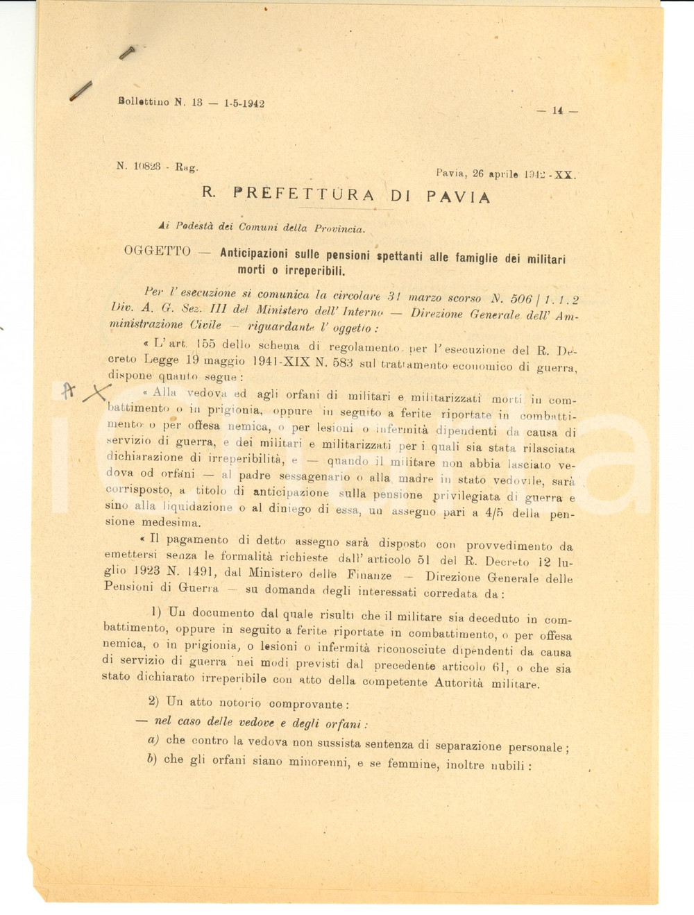 Documento originale, autentico 1942 PAVIA WW2 Pensioni alle famiglie dei militari morti o irreperibili 1