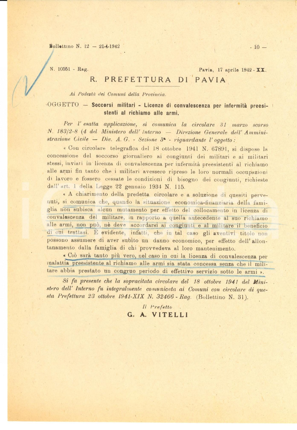 Documento originale, autentico 1942 PAVIA WW2 Licenze ai militari malati prima dell'arruolamento *Circolare 1