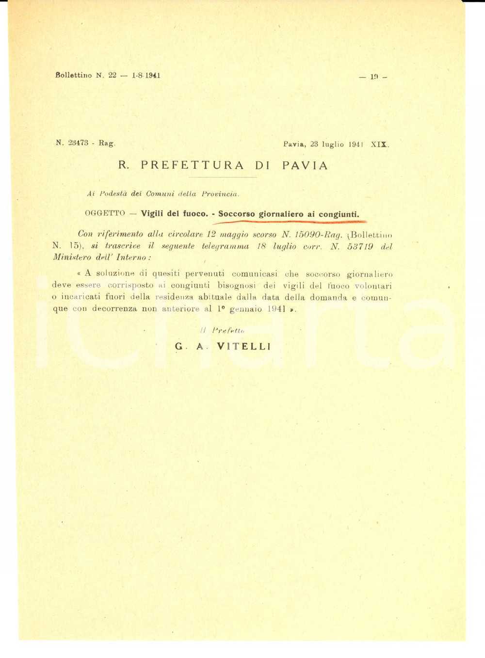 Documento originale, autentico 1941 PAVIA WW2 Sussidi alle famiglie dei VIGILI DEL FUOCO 1