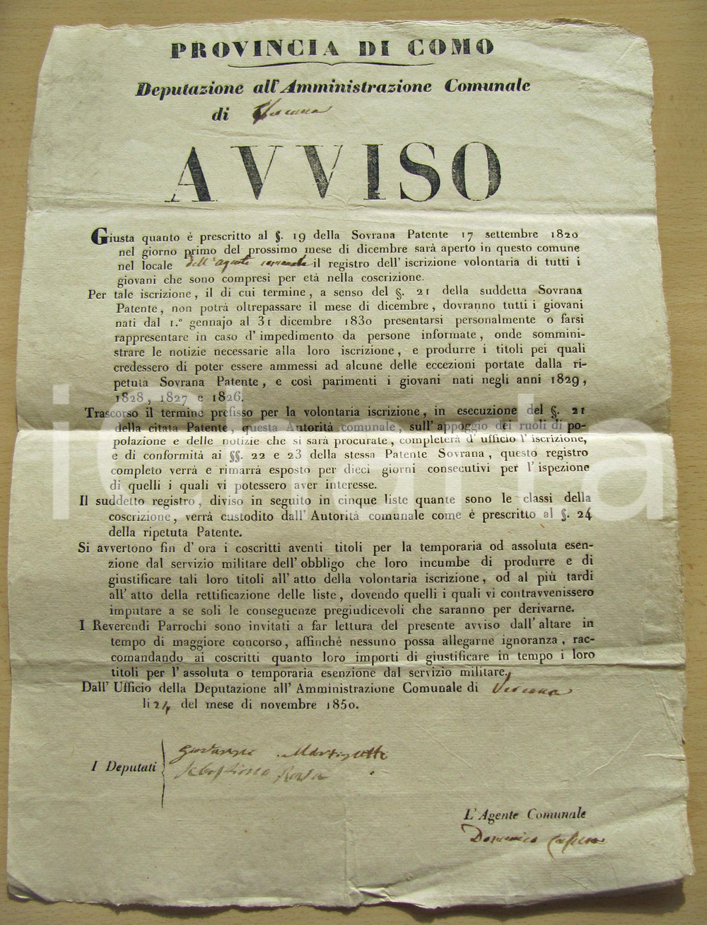 Documento originale, autentico 1850 VERCANA (CO) Leva volontaria dei giovani *Manifesto cm 30 x 40 1