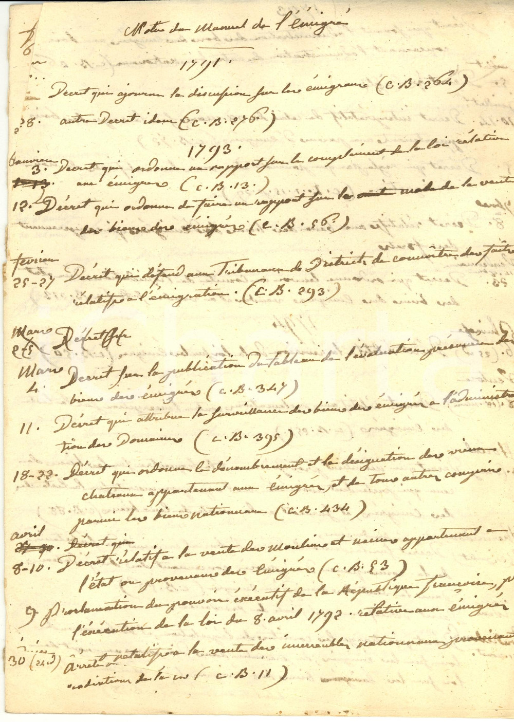 Manoscritto, lettera originale 1840 ca Joseph ALLIER Manuel de l emigré Estratto manoscritto 1