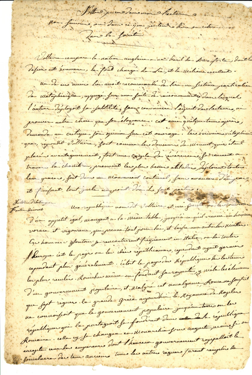 Manoscritto, lettera originale 1830 ca Voyages de John MOORE en France *Estratto manoscritto 1