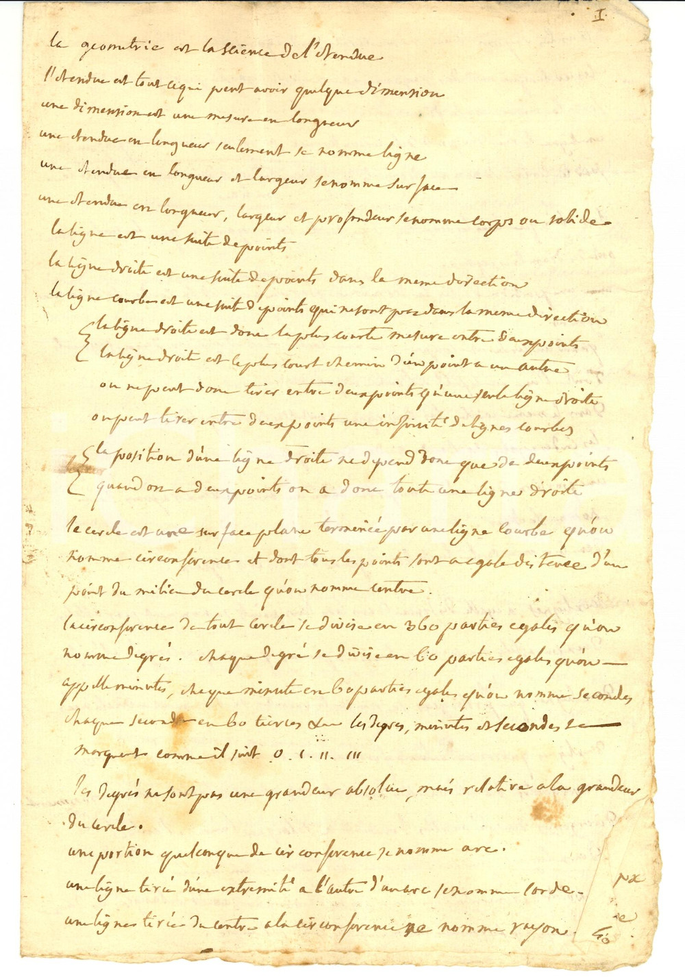 Manoscritto, lettera originale 1840 ca LA GÉOMÉTRIE ou la science de l’étendue – Manoscritto 1