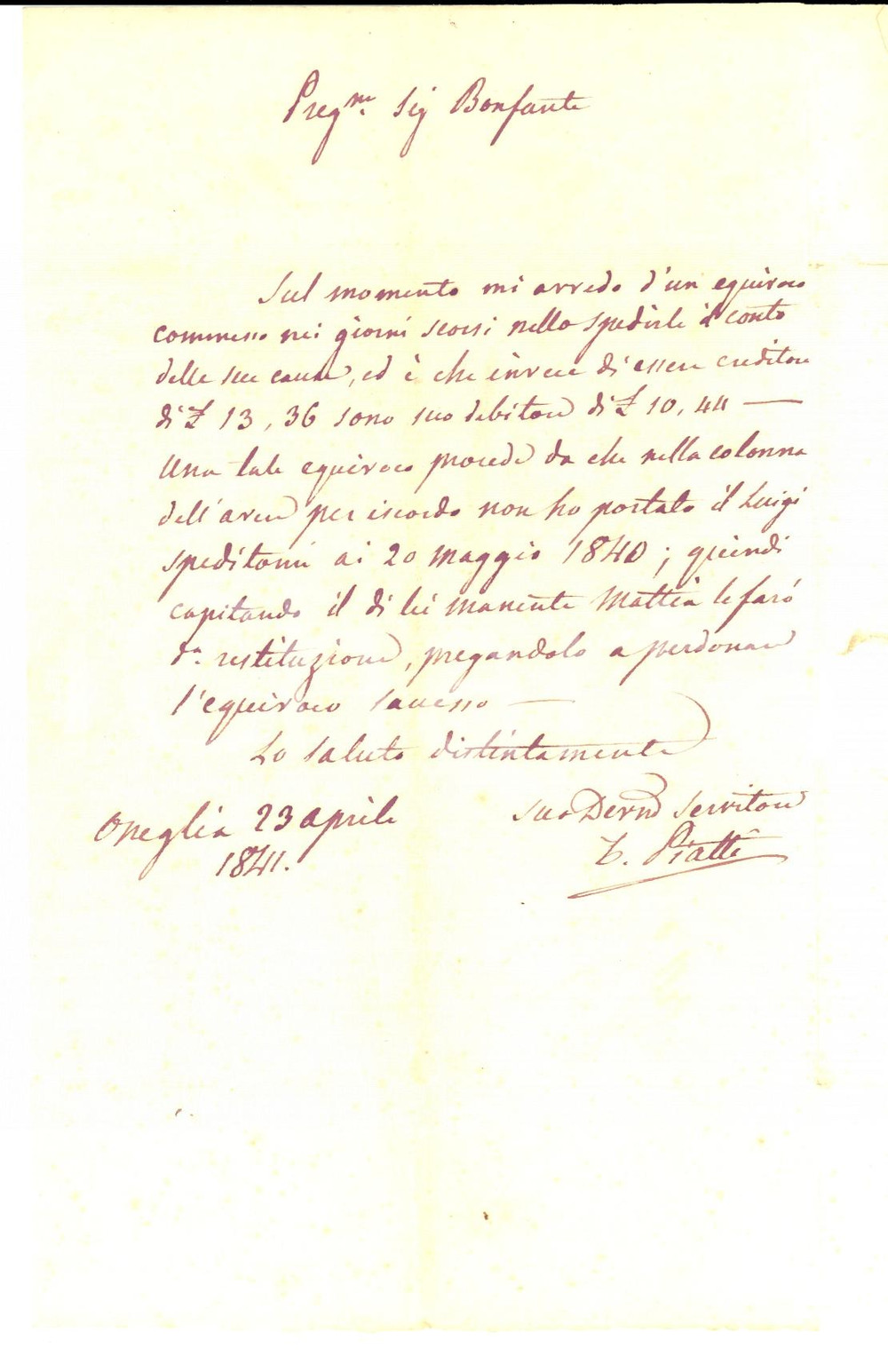 Manoscritto, lettera originale 1841 ONEGLIA (IM) Tommaso PIATTI sbaglia conteggi per Domenico BONFANTE 1