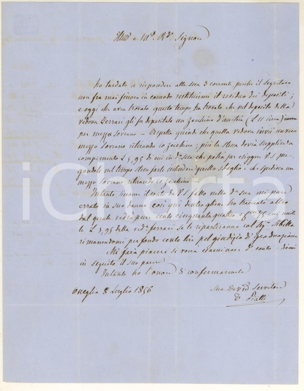 Manoscritto, lettera originale 1856 ONEGLIA (IM) Deposito vedova FERRARI di uno zecchino d'Austria *Lettera 1