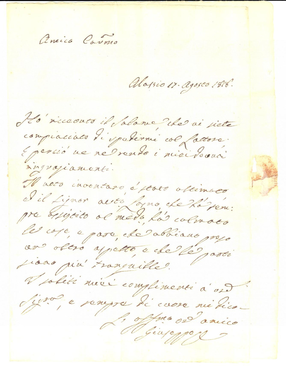 Manoscritto, lettera originale 1818 ALASSIO (SV) Domenico BONFANTE ringraziato per un salame *Lettera 1