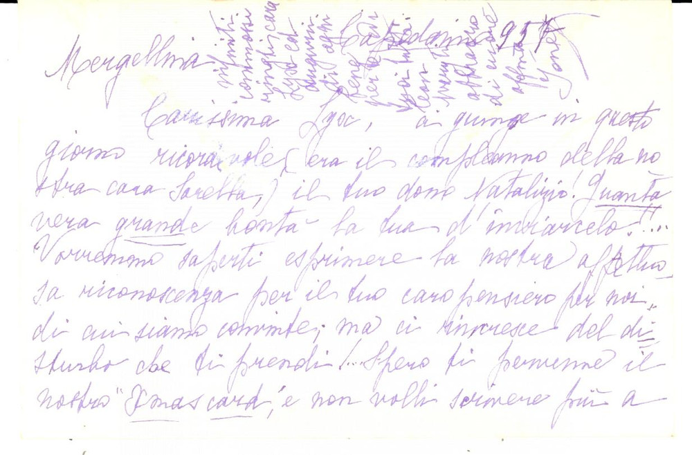 Autografo originale 1957 NAPOLI MERGELLINA Ione DE LIGUORO ringrazia per doni natalizi Autografo 1