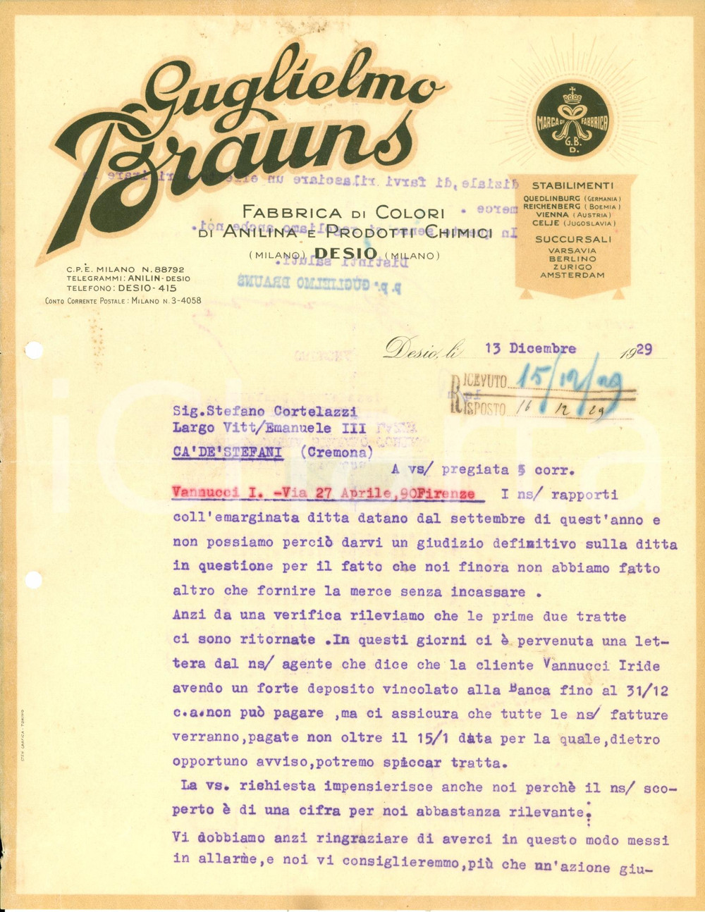 Documento originale, autentico 1929 DESIO MB Guglielmo BRAUNS Colori anilina vs cliente insolvente Lettera 1