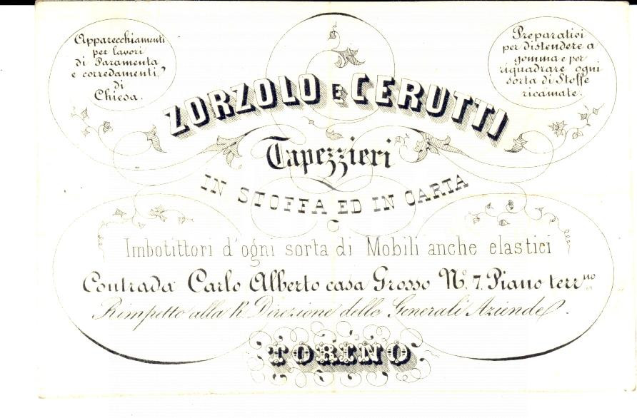 Oggetto da collezione cartaceo 1800 ca TORINO Tappezzieri ZORZOLO e CERUTTI imbottitori mobili Biglietto 1
