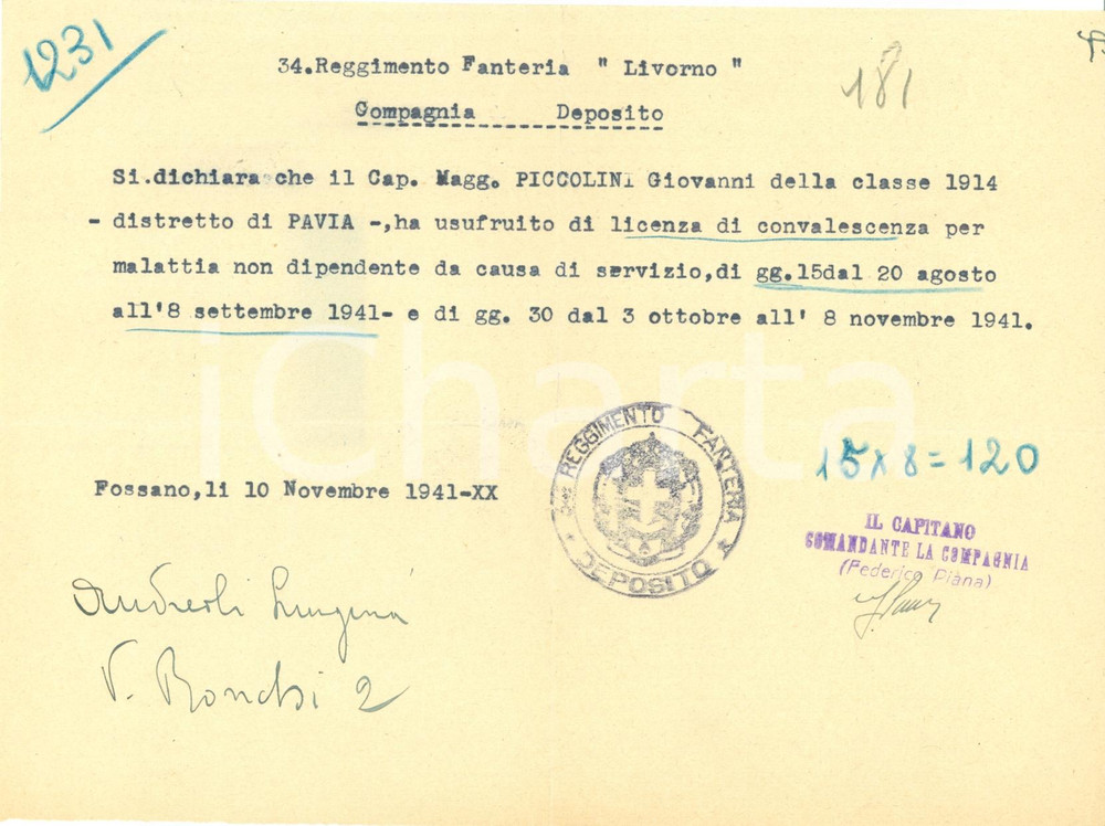 Documento originale, autentico 1941 FOSSANO (CN) WW2 Giovanni PICCOLINI in licenza 34° Reggimento Fanteria 1