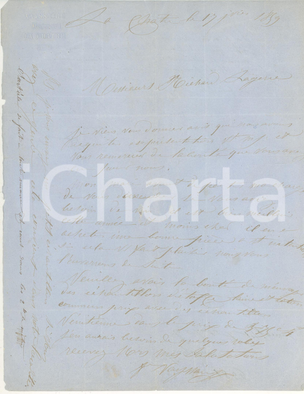 Documento originale, autentico 1860 LA CHATRE F Négociant VAYSSAIRE demande échantillons laine Lettre 1