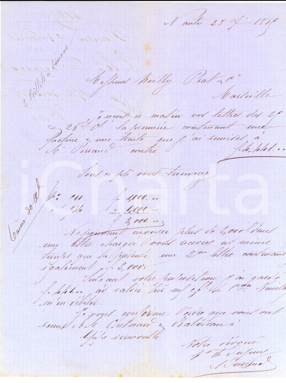 Manoscritto, lettera originale 1869 NANTES F Ditta Théophile DUPUY alla ditta NOILLY PRAT MARSEILLE Vermouth 1