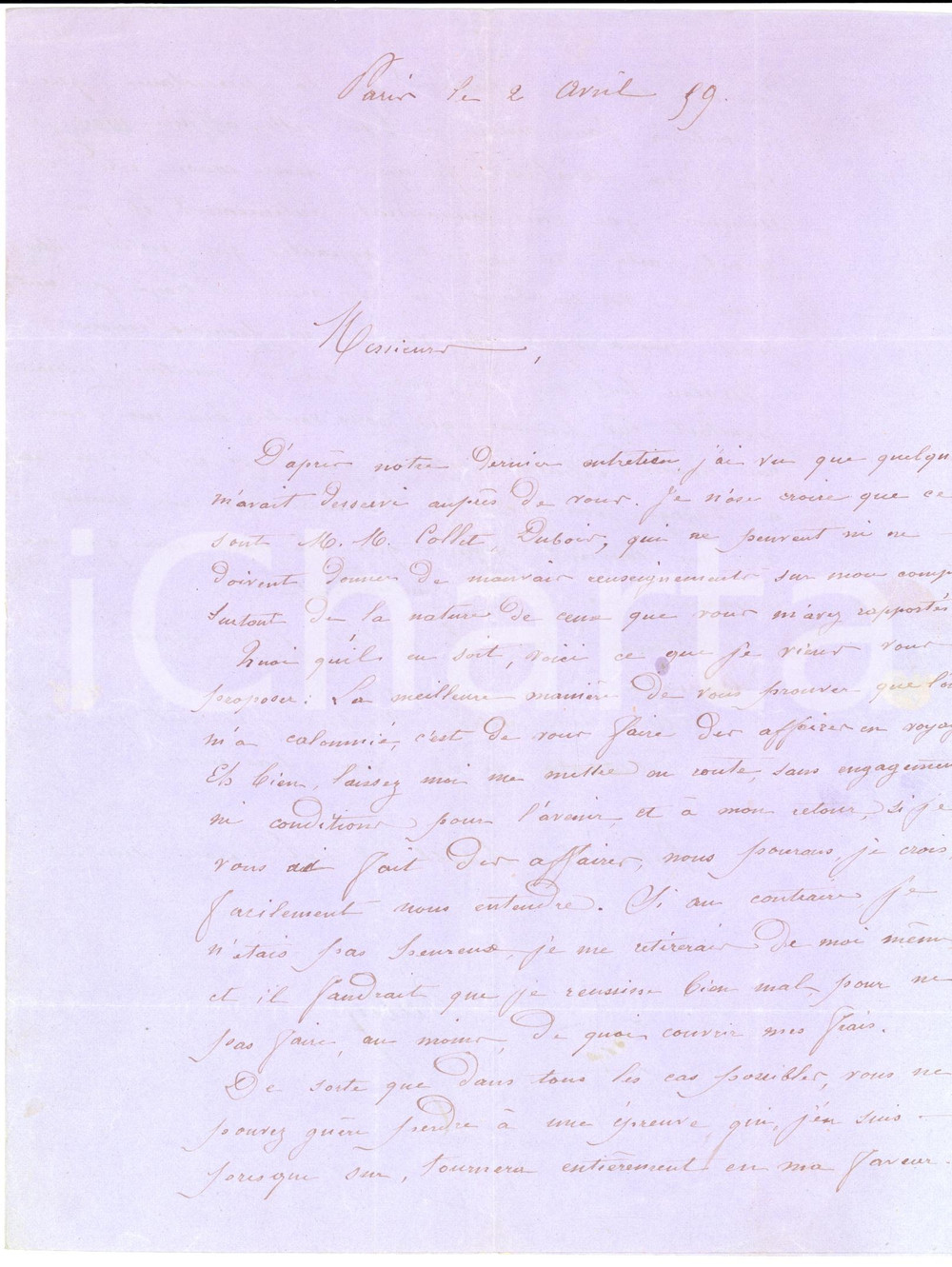 Documento originale, autentico 1859 PARIGI M. BALIN promette fedeltà  e nuovi affari alla ditta Richard LAGERIE 1