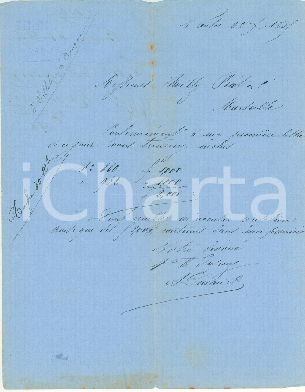 Manoscritto, lettera originale 1869 NANTES Théophile DUPUY alla ditta NOILLY PRAT MARSEILLE Vermouth 1