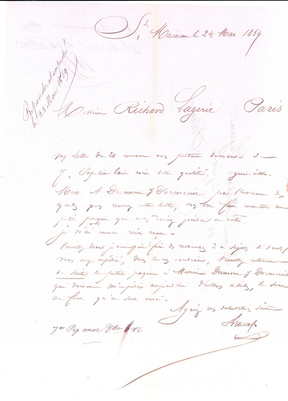 Documento originale, autentico 1859 SAINTMAIXENTL ECOLE F BRAUWERS Fils Ainé à Richard LAGERIE Lettre 1