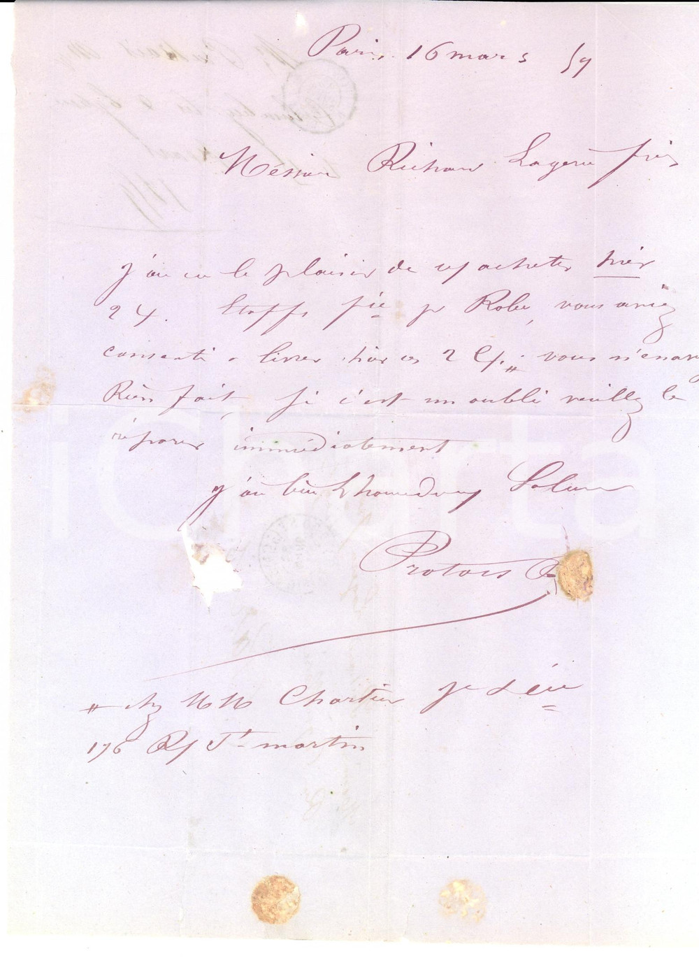 Documento originale, autentico 1859 COLOMBEYLESDEUXEGLISES Lettre Protois BABOUOT tissus à  Richard LAGERIE 1