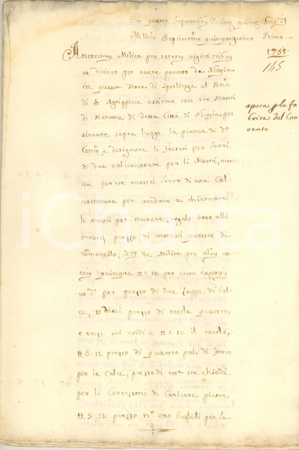Documento originale, autentico 1751 PALERMO Mastri e operai per convento SAN NICOLA TOLENTINO 24 pp. 1