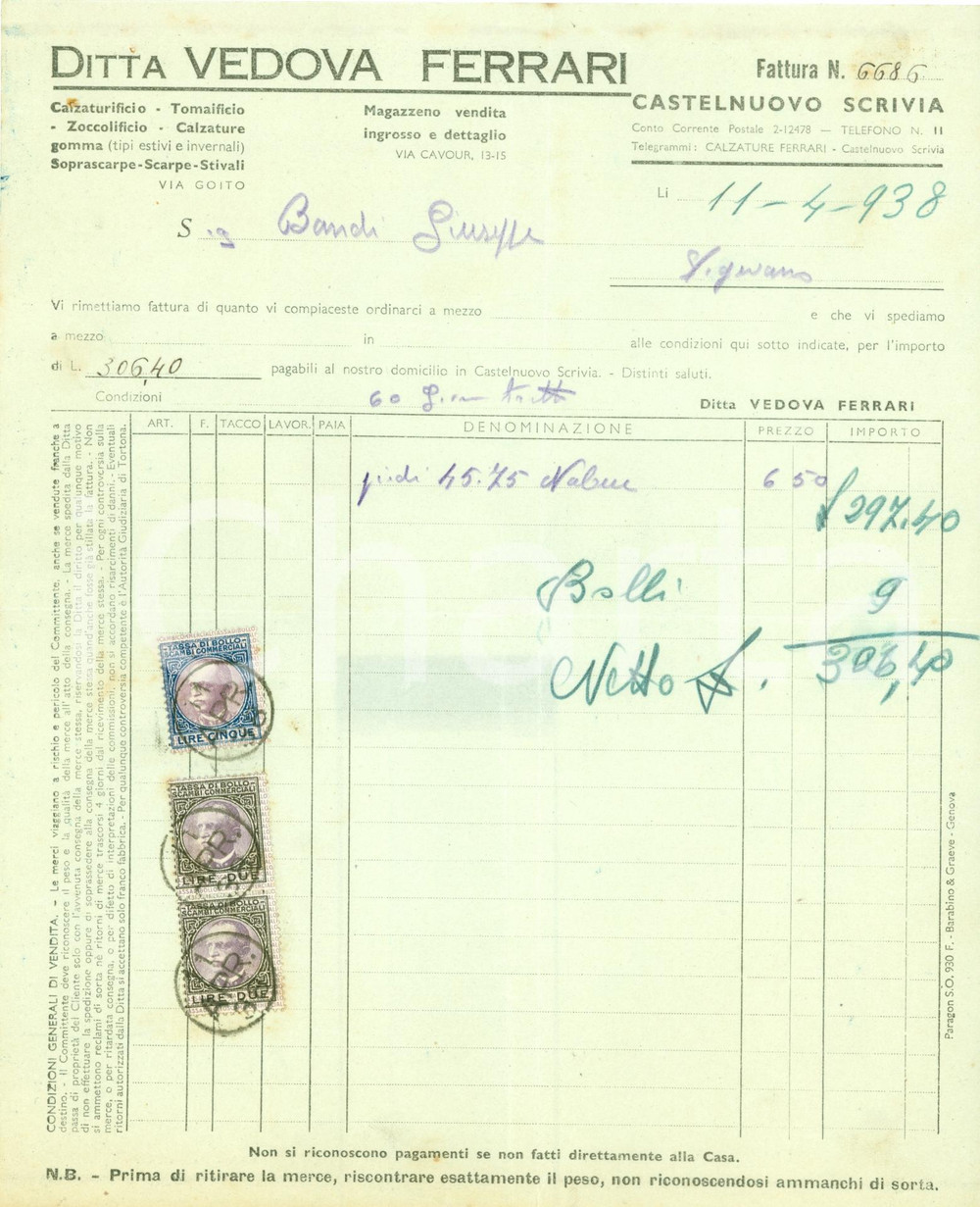 Documento originale, autentico 1938 CASTELNUOVO SCRIVIA AL Ditta Vedova FERRARI Calzaturificio Tomaificio 1