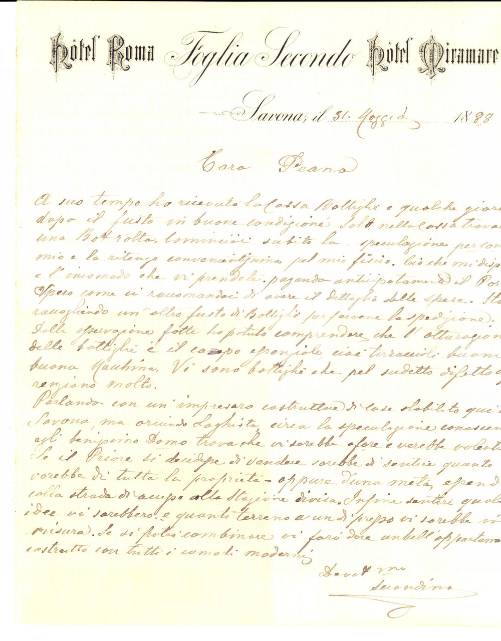 Documento originale, autentico 1888 SAVONA Imprenditore Secondo FOGLIA tenta speculazione settore vinicolo 1
