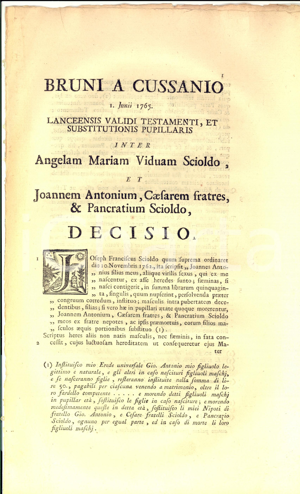 Documento originale, autentico 1765 TORINO Lite per fedecommesso famiglia Giuseppe Francesco SCIOLDO 1