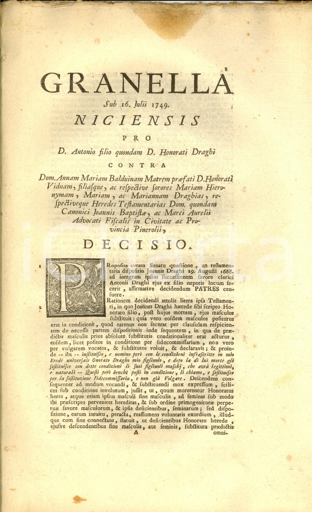 Documento originale, autentico 1749 PINEROLO TO Chierico Antonio DRAGHI riconosciuto erede universale 1