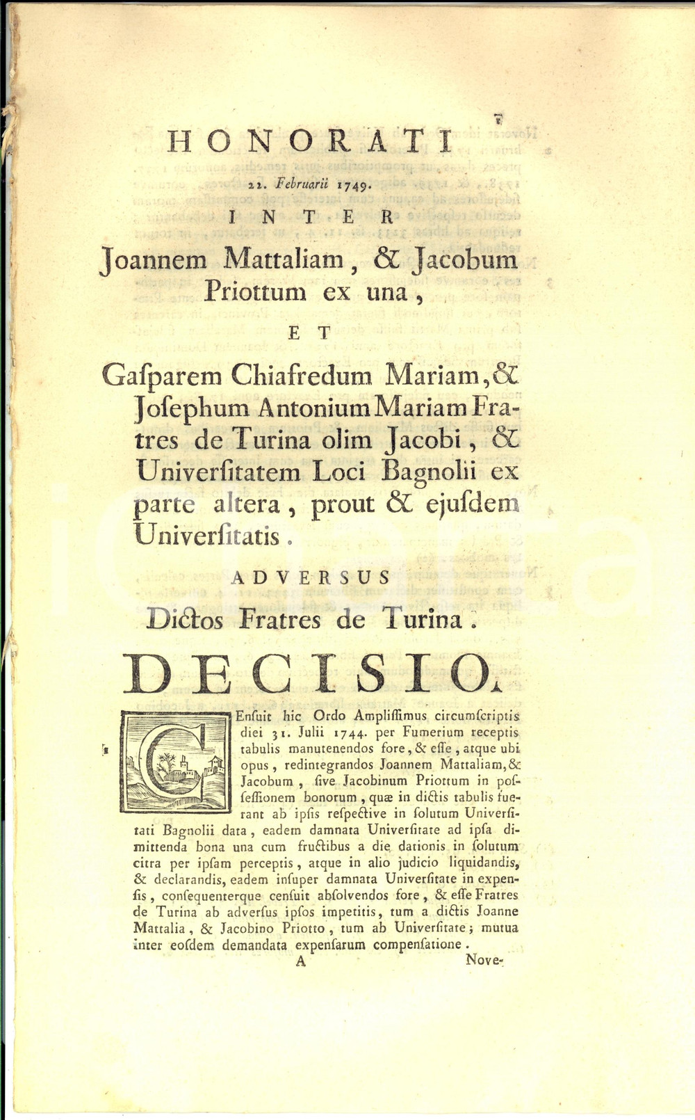 Documento originale, autentico 1749 BAGNOLO PIEMONTE Giovanni MATTALIA e Giacomo PRIOTTO vs fratelli TURINA 1