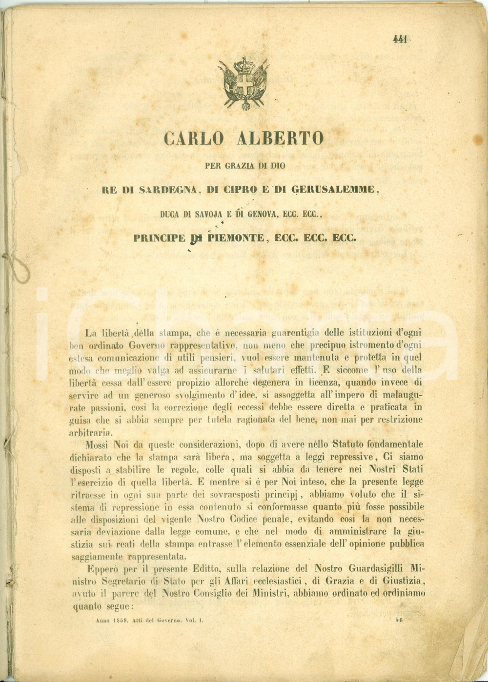 Documento originale, autentico 1859 REGNO SARDEGNA Decreto CARLO ALBERTO Libertà stampa polveri piriche liquori 1