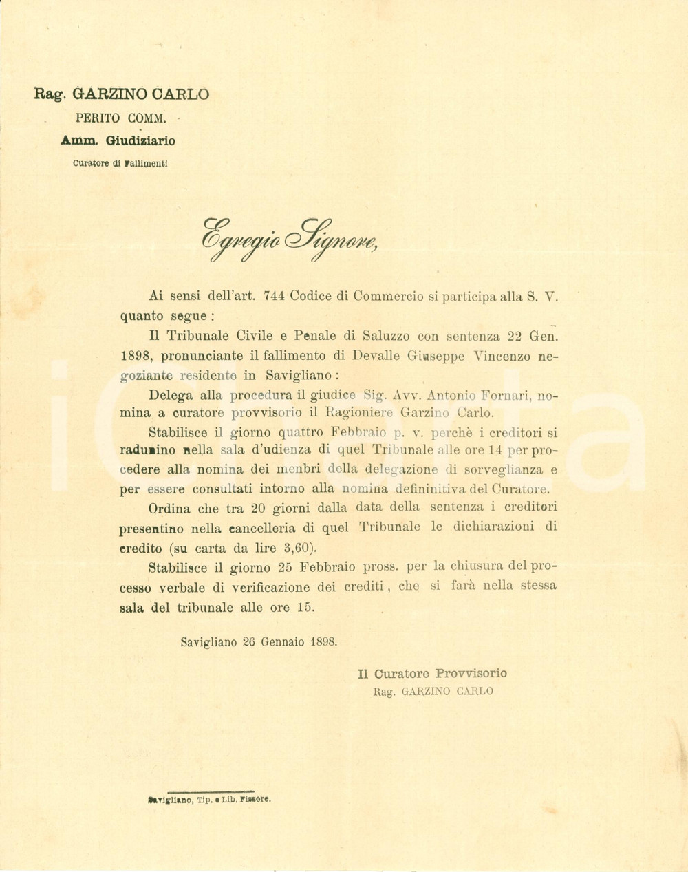 Documento originale, autentico 1898 SAVIGLIANO Carlo GARZINO cura fallimento Vincenzo DEVALLE negoziante 1