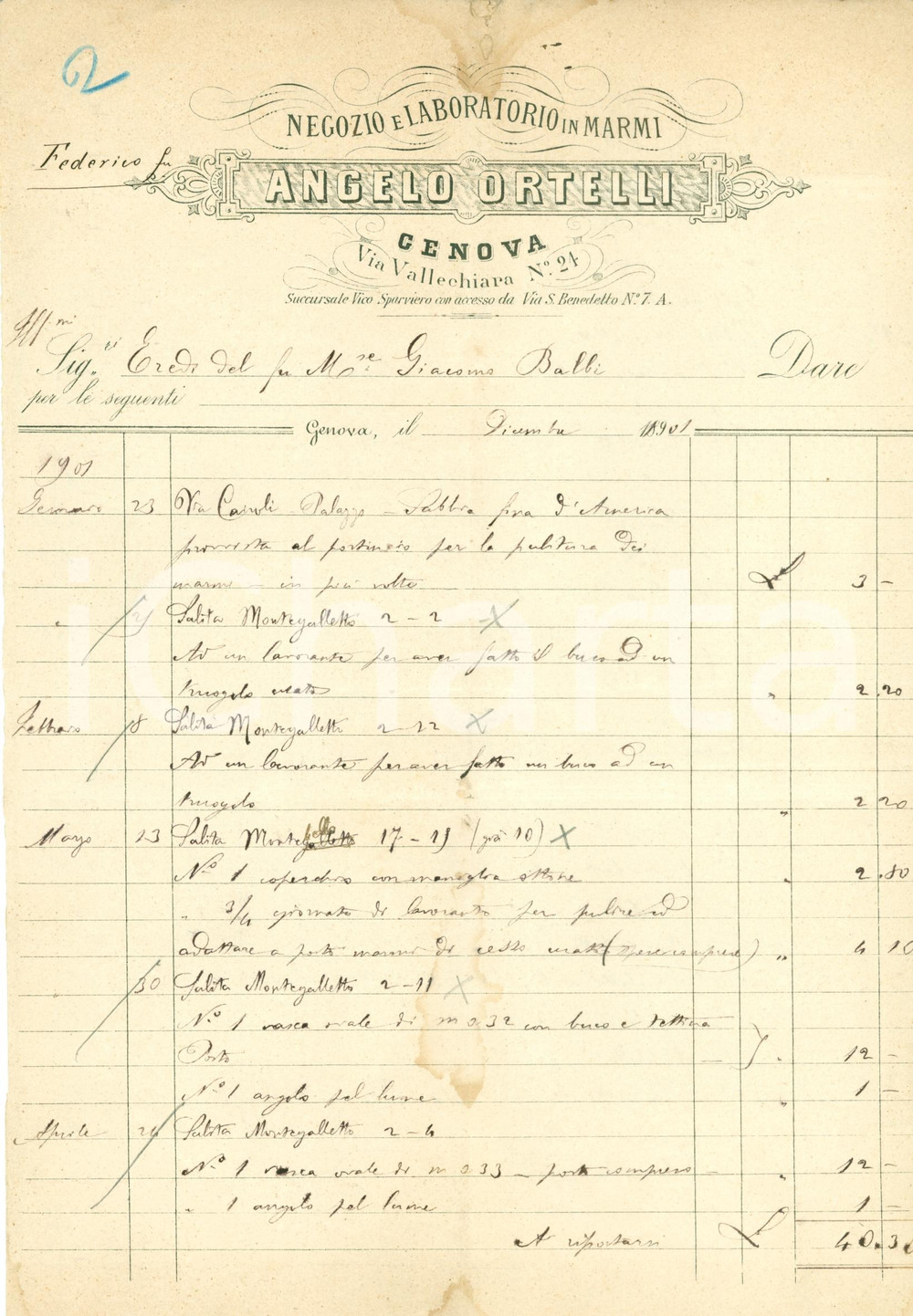 Documento originale, autentico 1901 GENOVA Federico ORTELLI lavori in marmo proprietà Marchese Giacomo BALBI 1