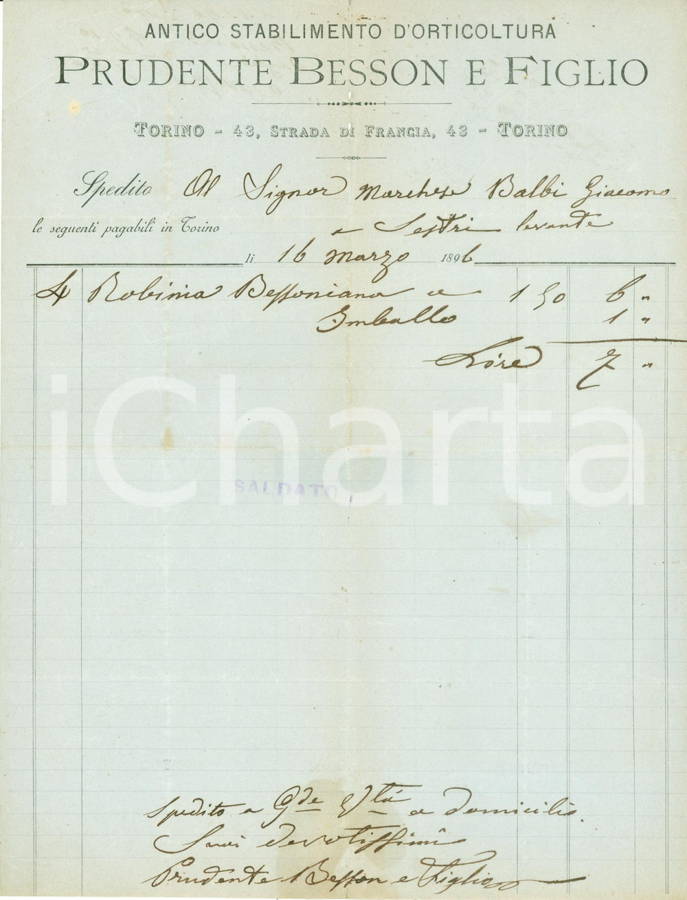 Documento originale, autentico 1896 TORINO Prudente BESSON orticoltura Robinia BESSONIANA March. Giacomo BALBI 1