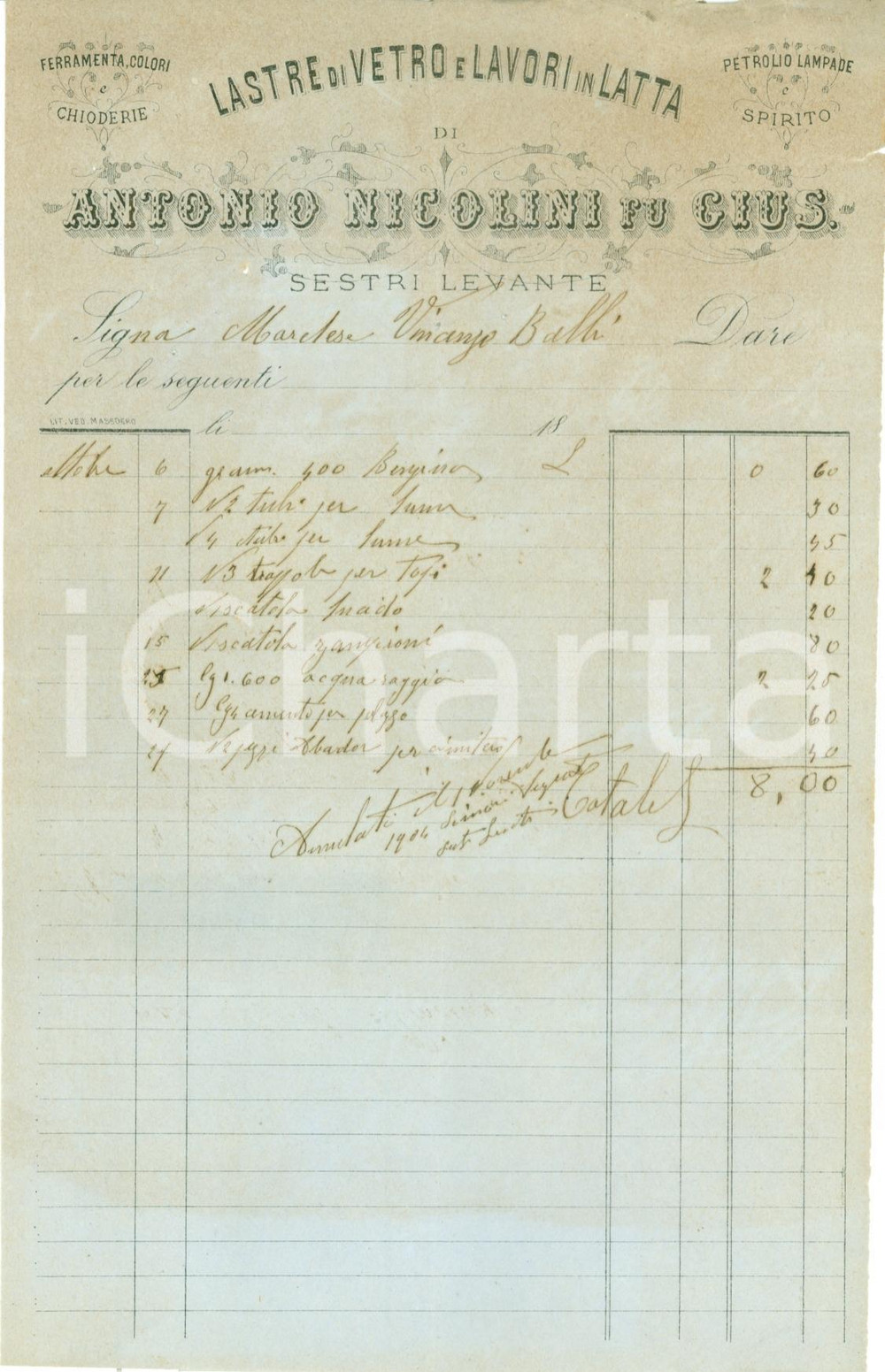 Documento originale, autentico 1904 SESTRI LEVANTE GE Antonio NICOLINI lastre vetro lavori in latta FATTURA 1