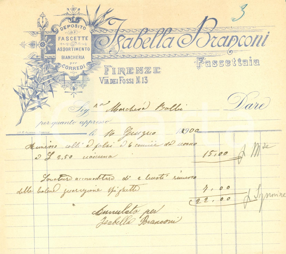 Documento originale, autentico 1900 FIRENZE Via dei Fossi  Isabella BRANCONI fascettaia biancheria Fattura 1