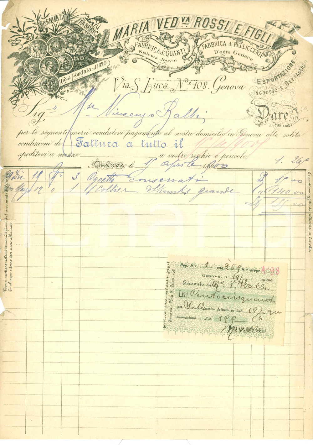 Documento originale, autentico 1900 GENOVA Maria Vedova ROSSI fabbrica guanti pelliccerie Fattura ILLUSTRATA 1