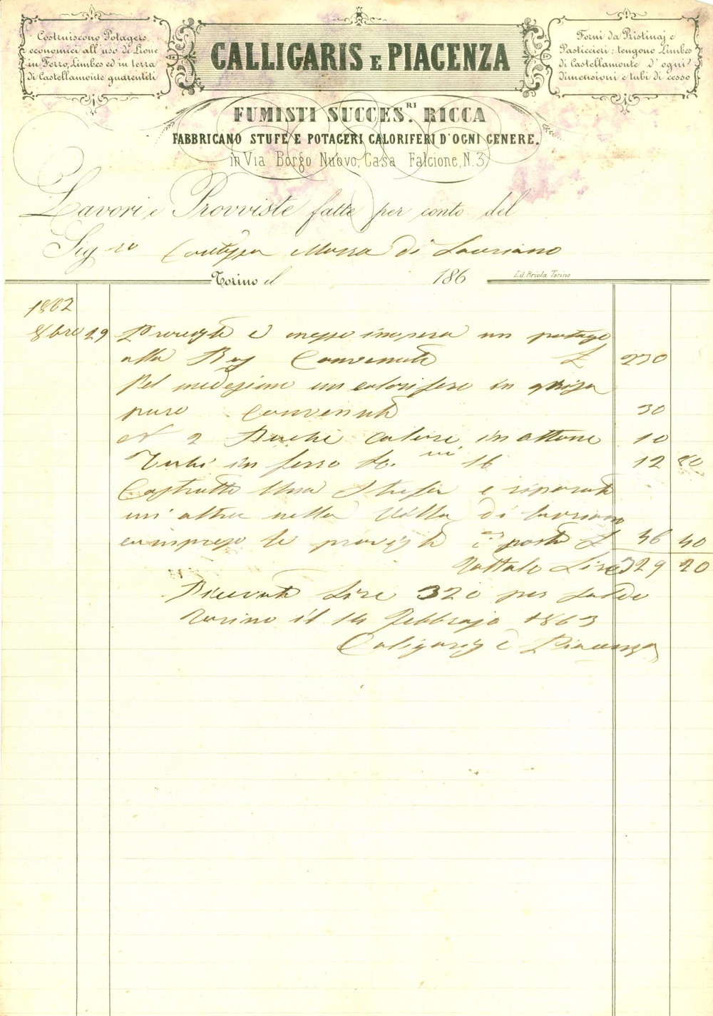 Documento originale, autentico 1862 TORINO BORGO NUOVO Fumisti CALLIGARIS E PIACENZA stufe potageri Fattura 1