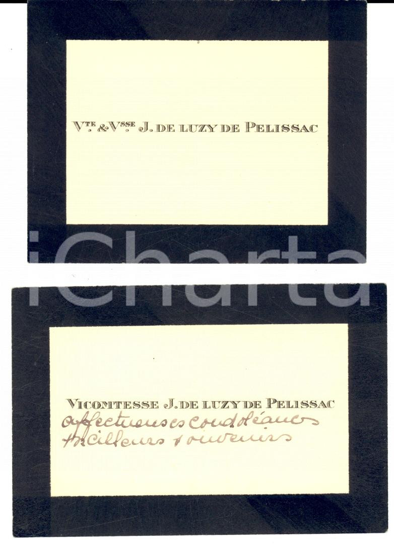Autografo originale 1950 ca LYON F Biglietti da visita Jean DE LUZY DE PELISSAC e signora 1