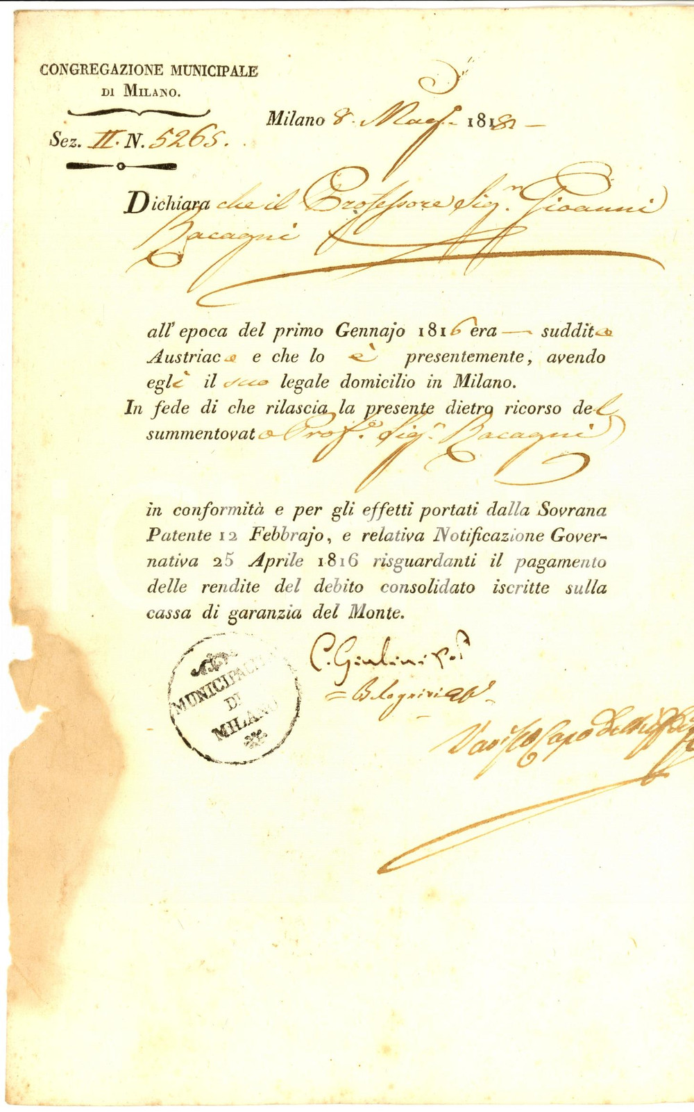 Documento originale, autentico 1818 MILANO Regno LOMBARDOVENETO Prof. Giovanni RACCAGNI cittadino austriaco 1