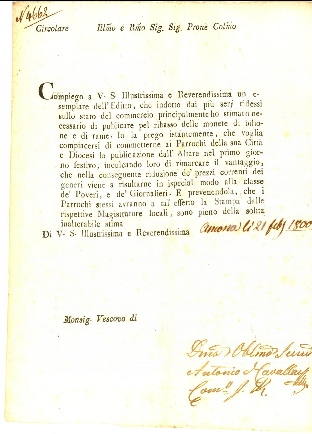 Autografo originale 1800 ANCONA Antonio DE CAVALLAR su ribasso monete di bilione e rame *Autografo 1
