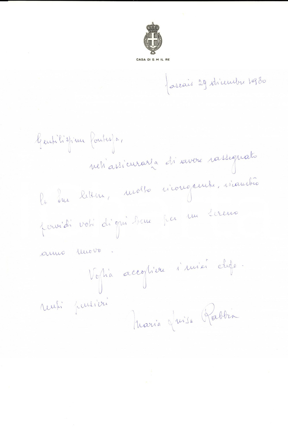 Autografo originale 1980 CASCAIS P Lettera Maria Luisa RABBIA segretaria UMBERTO II in esilio 1