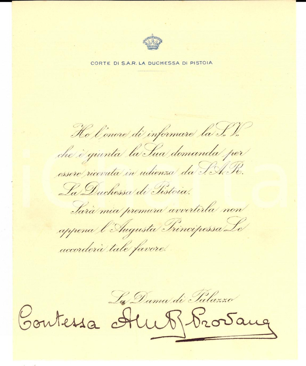 Autografo originale 1930 ca TORINO Contessa PROVANA DI COLLEGNO su udienza Duchessa di PISTOIA 1