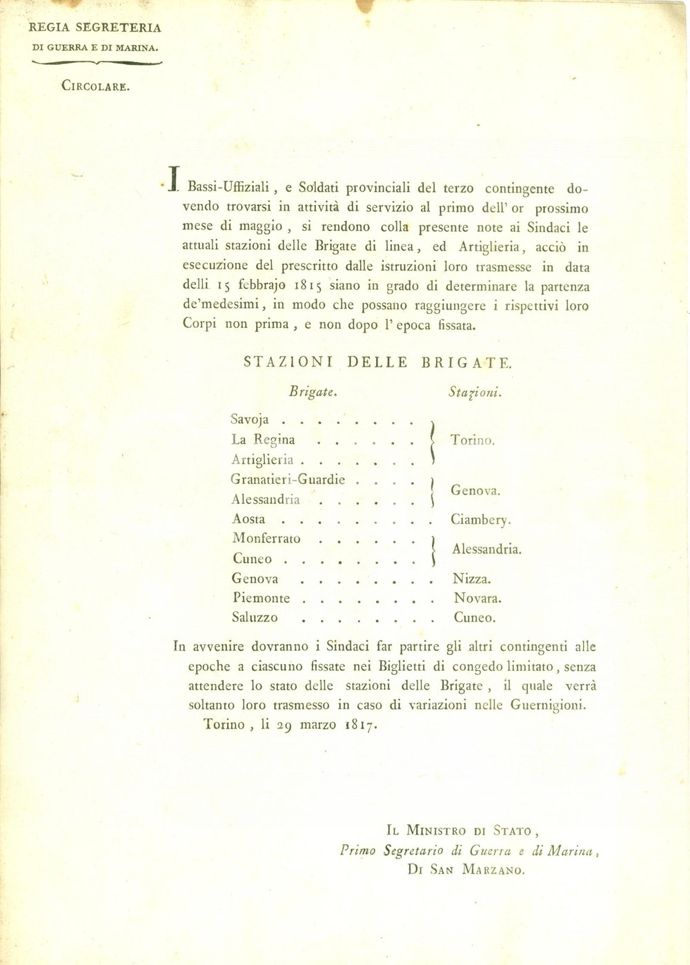 Documento originale, autentico 1817 TORINO Posizione stazioni Brigate linea e artiglieria *Documento 1